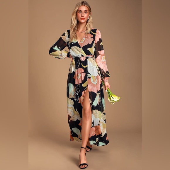 NWT Lulus Wondrous Water Lilies Black Floral Print Maxi Dress - Picture 3 of 7